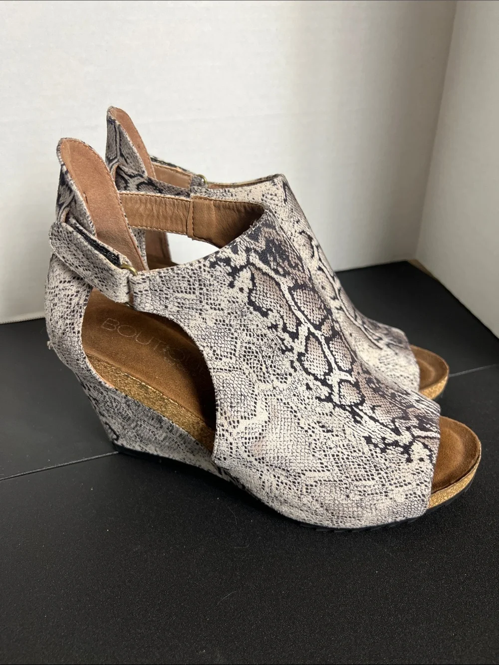 Corkys Snake-Print Peep Toe Wedge Sandals - Tan and Black